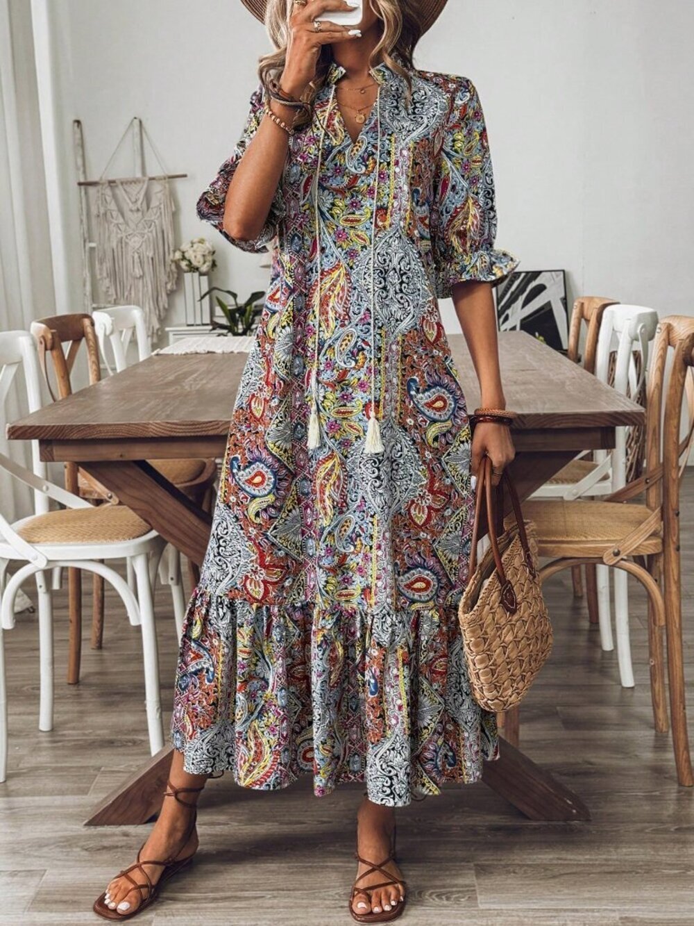 Multicolor Boho Women's Ruffle Hem & Tie Neck dress